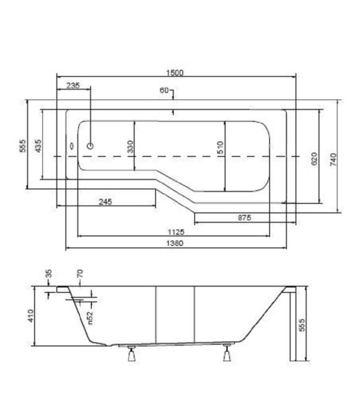 Baignoire asymétrique INTERO 150/170 cm x 75 cm  sans pare baignoire