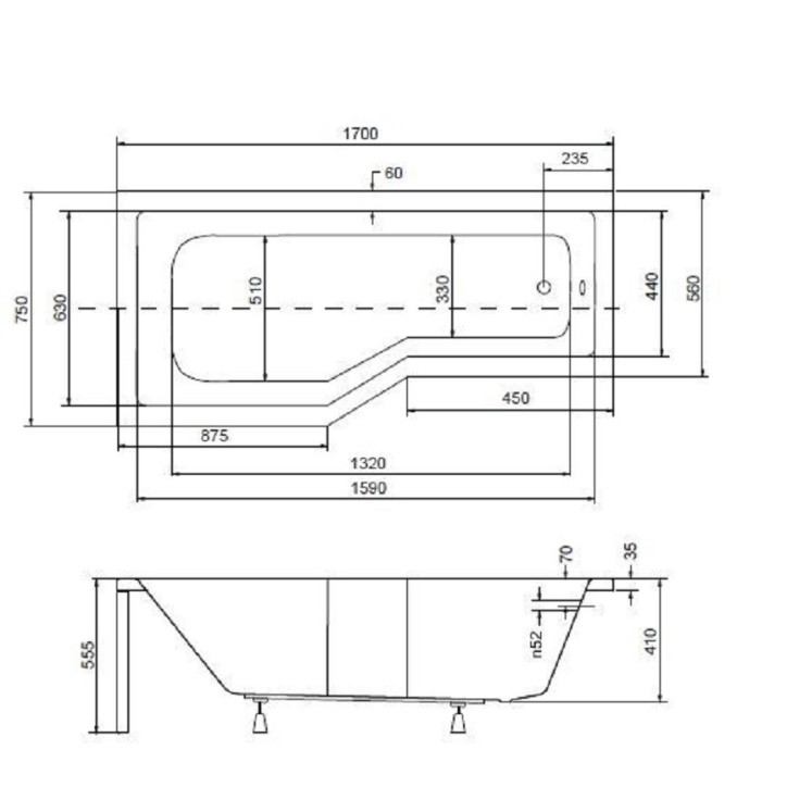 Baignoire asymétrique INTERO 150/170 cm x 75 cm  sans pare baignoire