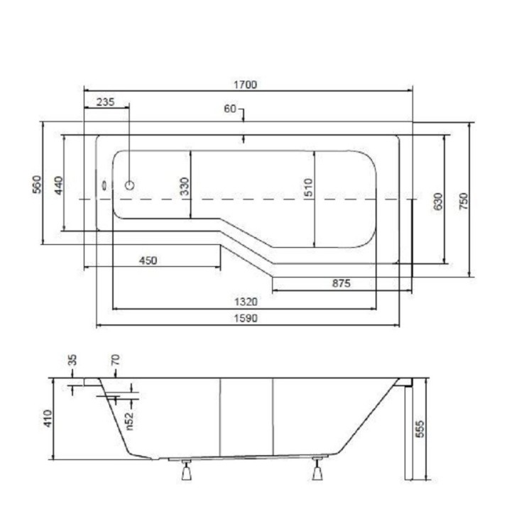 Baignoire asymétrique INTERO 150/170 cm x 75 cm  sans pare baignoire