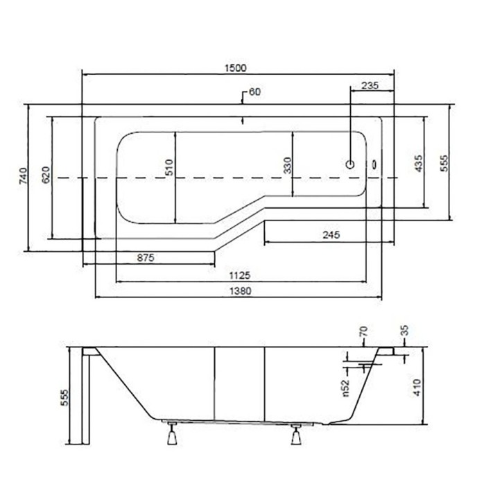 Baignoire asymétrique INTERO 150/170 cm x 75 cm  sans pare baignoire