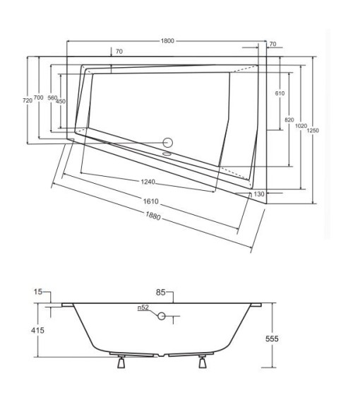 Baignoire d'angle Droit ULTIMA DUO 170 ou 180 cm ultra-slim