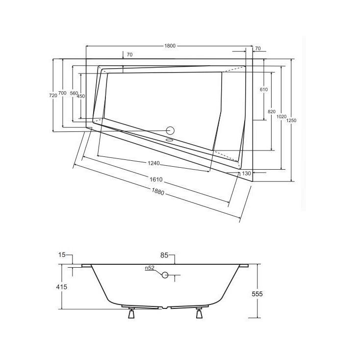 Baignoire d'angle Droit ULTIMA DUO 170 ou 180 cm ultra-slim