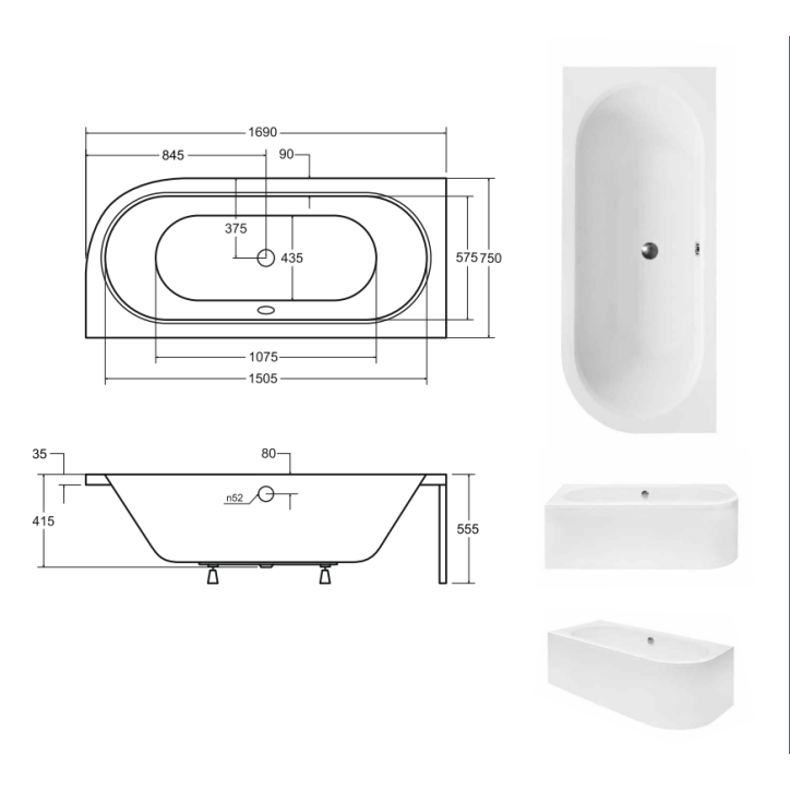 Baignoire HILIO GAUCHE avec tablier 150/160/170/180