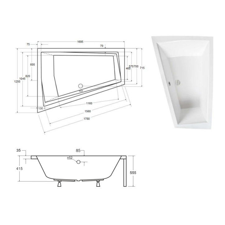 Baignoire d'angle Gauche INTIMA DUO en 170 ou 180 cm