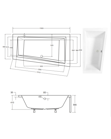 Baignoire d'angle DROITE INTIMA 150 ou 160 cm AVEC TABLIER
