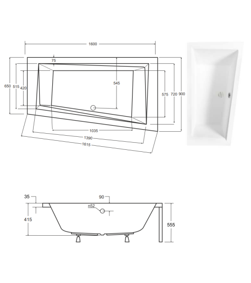 Baignoire d'angle DROITE INTIMA 150 ou 160 cm AVEC TABLIER
