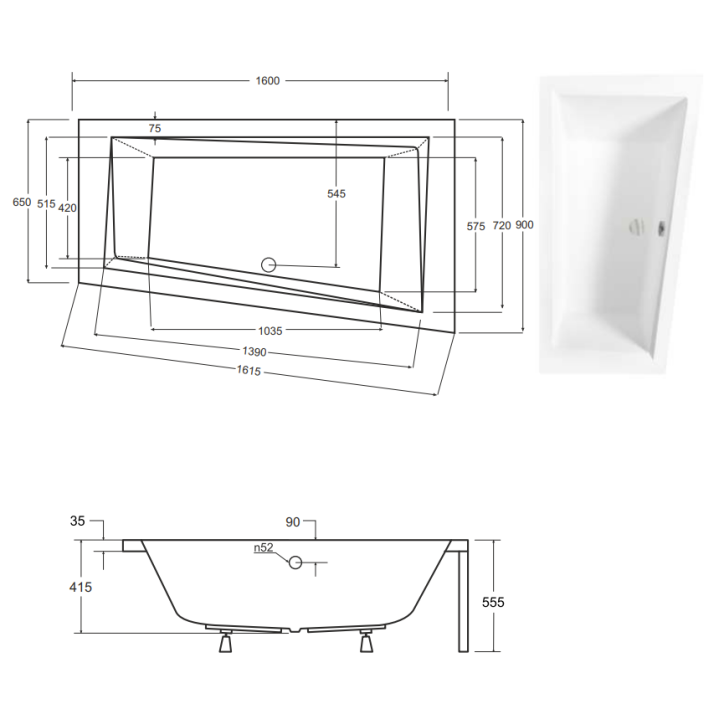 Baignoire d'angle DROITE INTIMA 150 ou 160 cm AVEC TABLIER