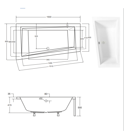 Baignoire d'angle GAUCHE INTIMA 150 ou 160 cm AVEC TABLIER