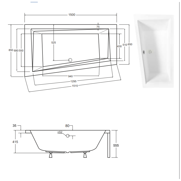 Baignoire d'angle GAUCHE INTIMA 150 ou 160 cm AVEC TABLIER