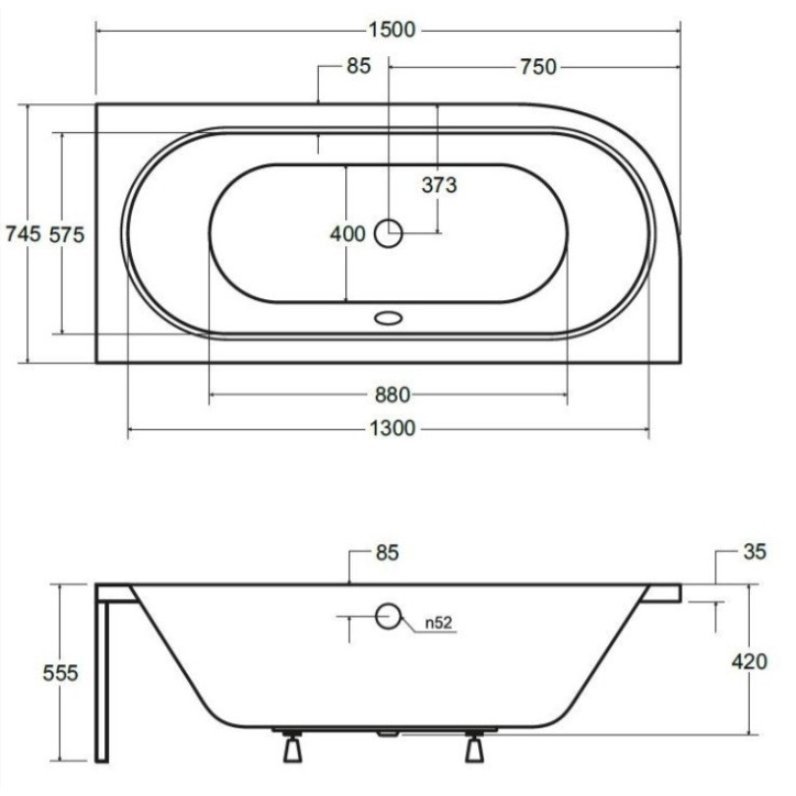 Baignoire HILIO DROITE avec tablier noir 150/160/170/180