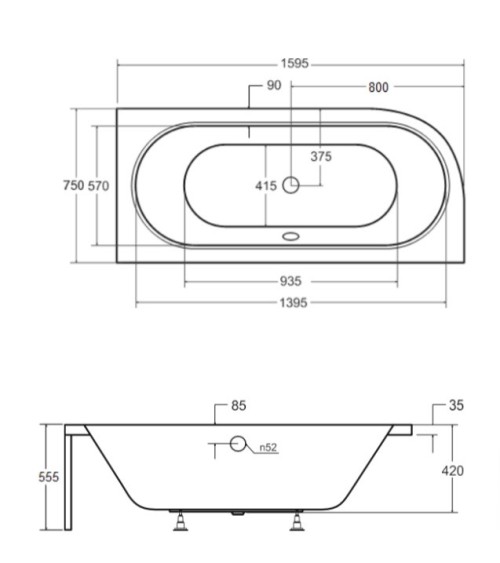 Baignoire HILIO DROITE avec tablier noir 150/160/170/180