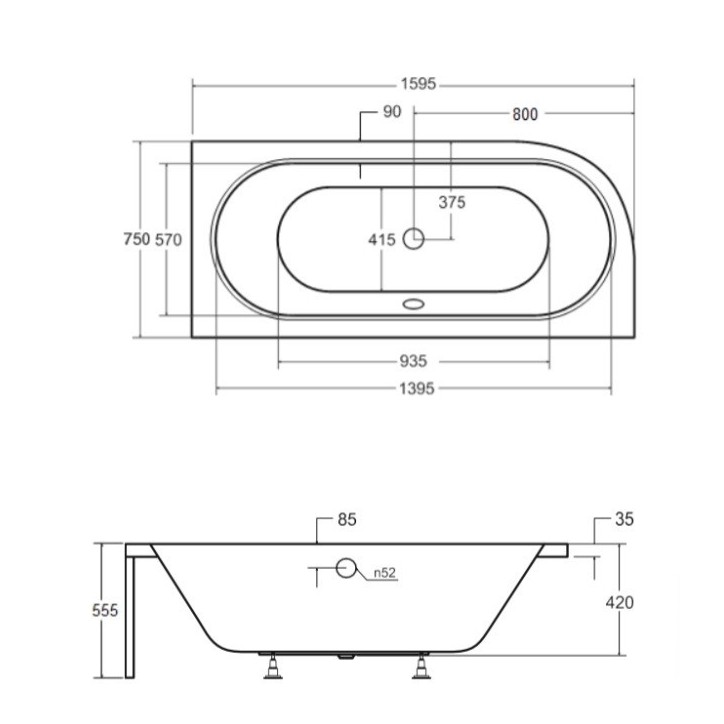 Baignoire HILIO DROITE avec tablier noir 150/160/170/180