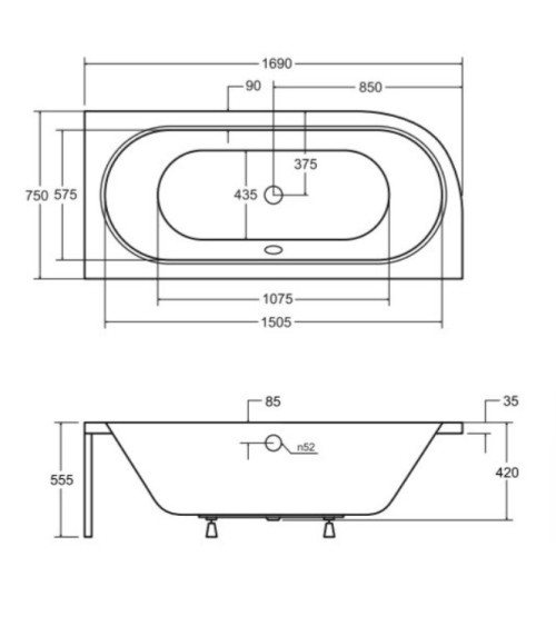 Baignoire HILIO DROITE avec tablier noir 150/160/170/180