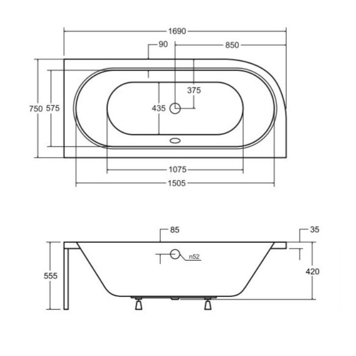 Baignoire HILIO DROITE avec tablier noir 150/160/170/180