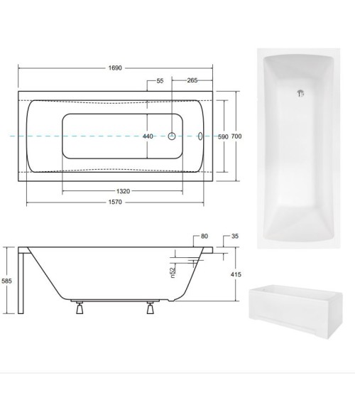 Baignoire MIRANO II avec tablier rainuré 140/150/160/170 x 70