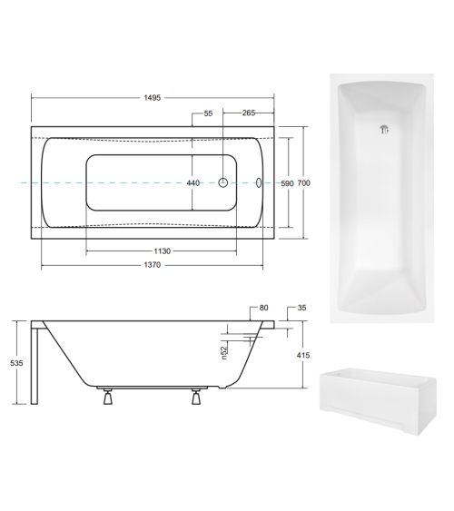 Baignoire MIRANO II avec tablier rainuré 140/150/160/170 x 70