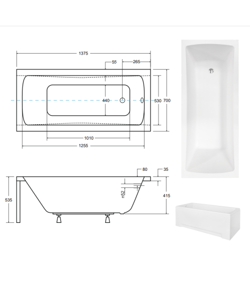 Baignoire MIRANO II avec tablier rainuré 140/150/160/170 x 70