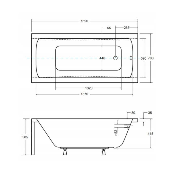 Baignoire MIRANO II rainurée avec tablier noir 140/150/160/170 x 70