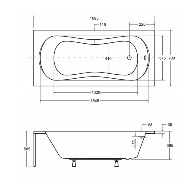 Baignoire VANESSA rainurée noire 130/140/150/160/170 X 70 cm avec tablier noir