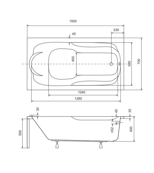 Baignoire BONA 150x70 cm avec tablier rainurées réversible