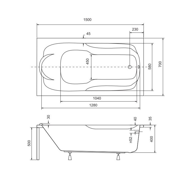Baignoire BONA 150x70 cm avec tablier rainurées réversible