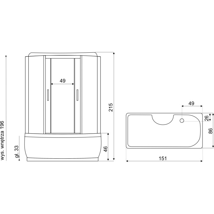 Combiné baignoire-douche TAVOLA 151x86x215 cm