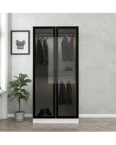 Armoire 2 Portes Vitrées avec leds - Blanc/Noir