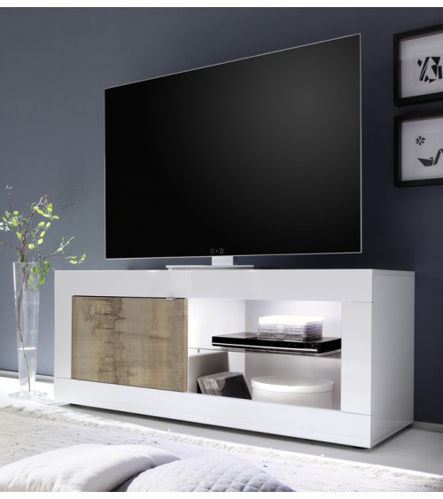 Meuble TV Basic finition blanc-chêne péro 1 porte 140/56/43 cm