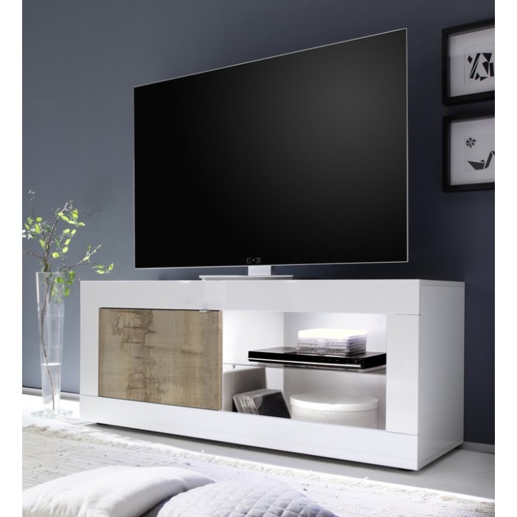 Meuble TV Basic finition blanc-chêne péro 1 porte 140/56/43 cm