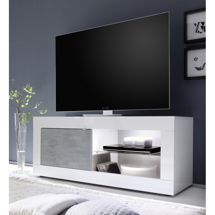 Meuble TV Basic finition blanc-béton 1 porte 140/56/43 cm