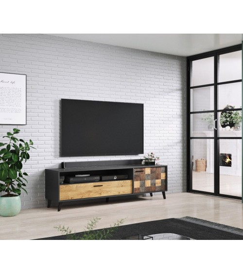 Meuble tv ALEKSANDER 177 x 52 x 45 cm noir et bois