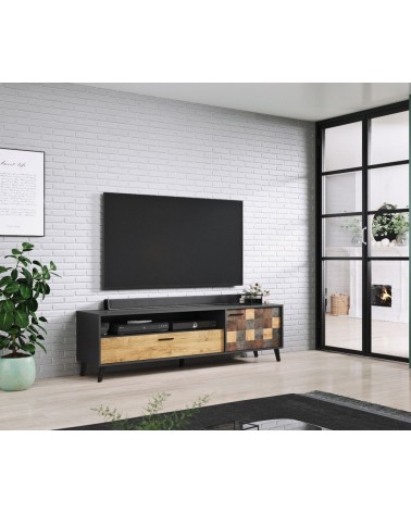 Meuble tv ALEKSANDER 177 x 52 x 45 cm noir et bois
