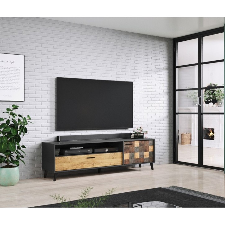 Meuble tv ALEKSANDER 177 x 52 x 45 cm noir et bois
