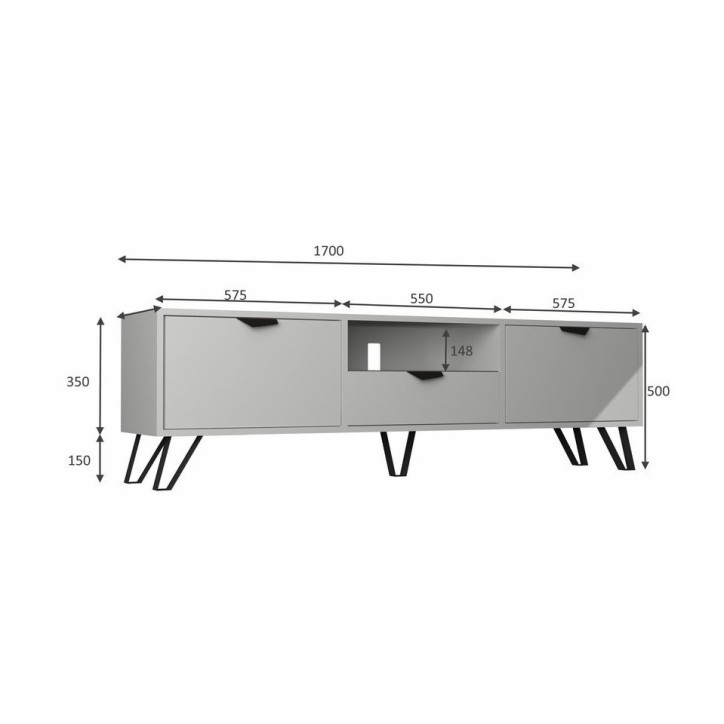 Meuble TV JASMINE Gris 2 portes, 1 tiroir 170 cm