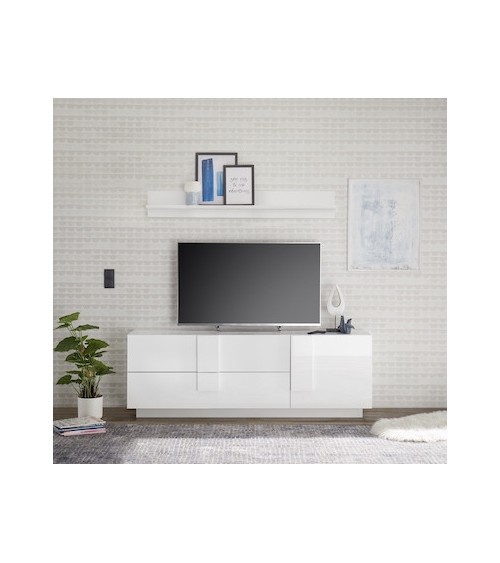 Meuble Tv 1 porte 2 tiroirs JUPITER blanc laqué brillant 182 cm