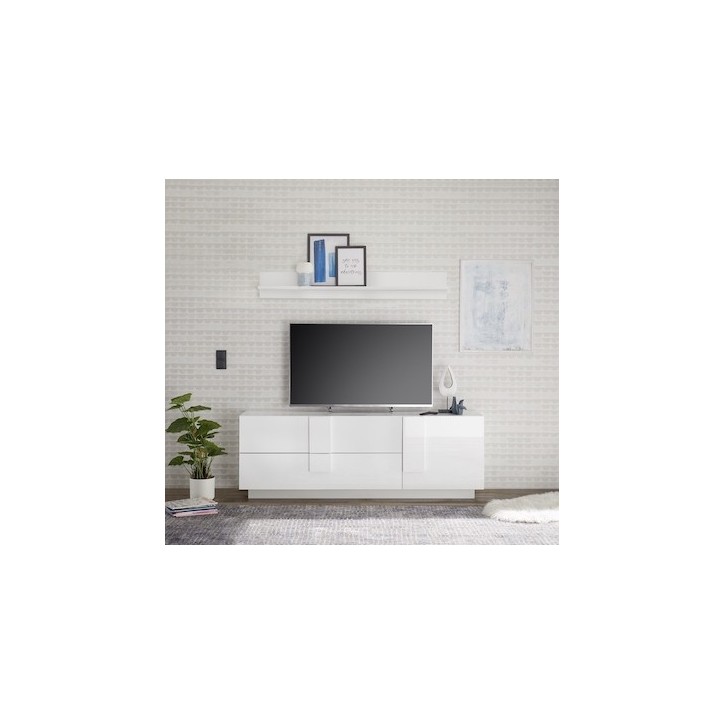 Meuble Tv 1 porte 2 tiroirs JUPITER blanc laqué brillant 182 cm