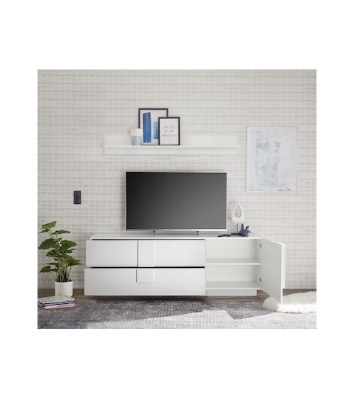 Meuble Tv 1 porte 2 tiroirs JUPITER blanc laqué brillant 182 cm