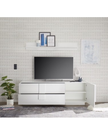 Meuble Tv 1 porte 2 tiroirs JUPITER blanc laqué brillant 182 cm