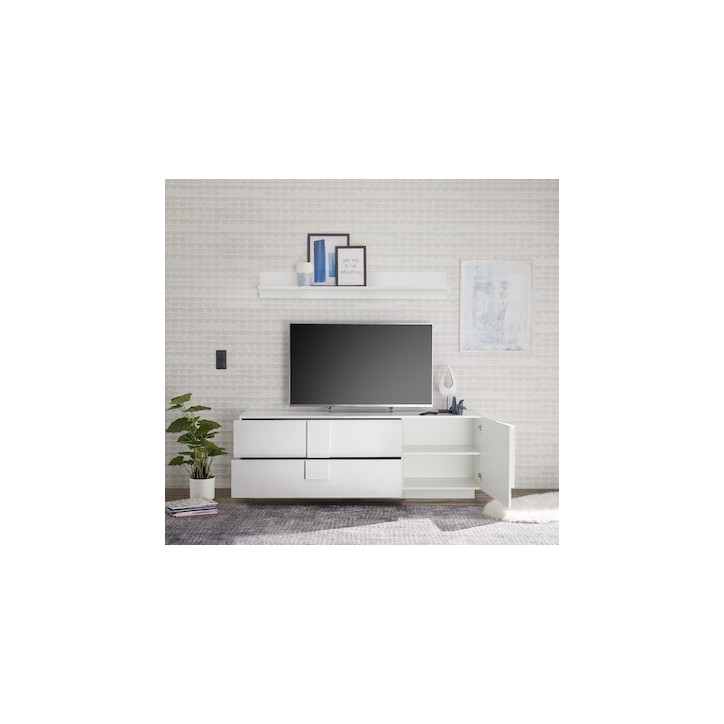 Meuble Tv 1 porte 2 tiroirs JUPITER blanc laqué brillant 182 cm