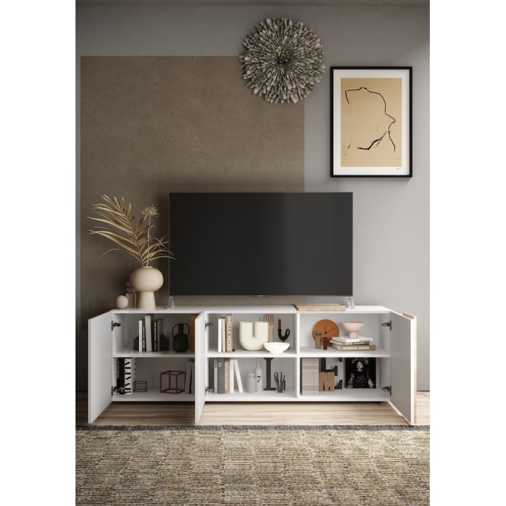 Meuble TV 3 portes VENUS blanc laqué brillant/Kadiz 181 cm