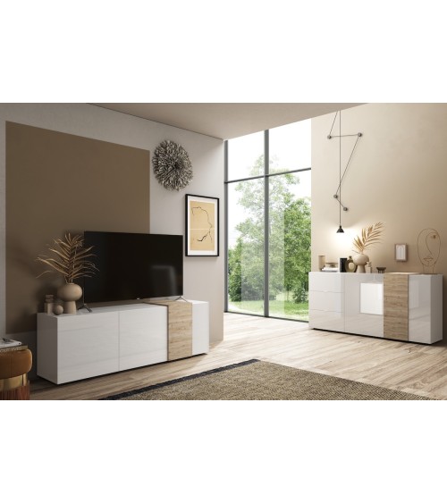 Meuble TV 3 portes VENUS blanc laqué brillant/Kadiz 181 cm