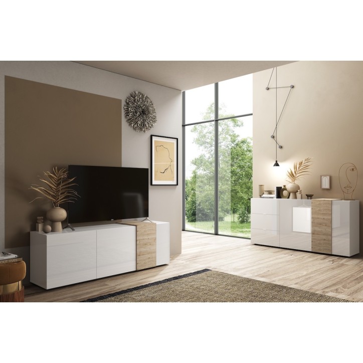 Meuble TV 3 portes VENUS blanc laqué brillant/Kadiz 181 cm