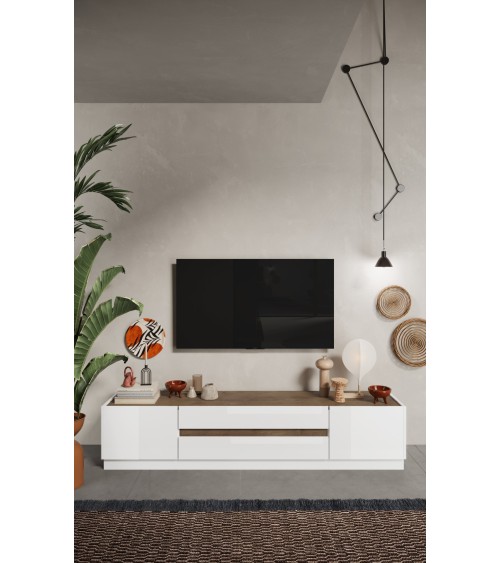 Meuble TV FANTASY Blanc laqué/chêne mercure 205 cm