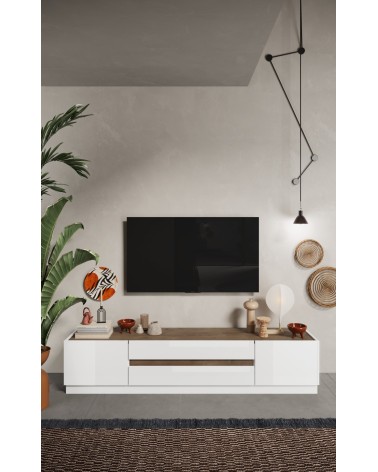 Meuble TV FANTASY Blanc laqué/chêne mercure 205 cm