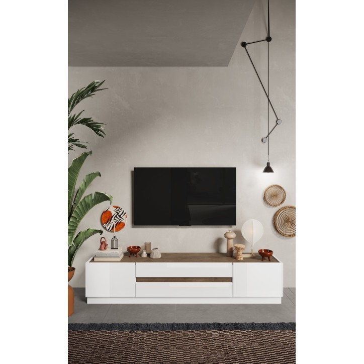 Meuble TV FANTASY Blanc laqué/chêne mercure 205 cm