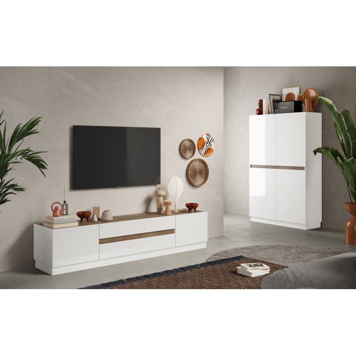 Meuble TV FANTASY Blanc laqué/chêne mercure 205 cm