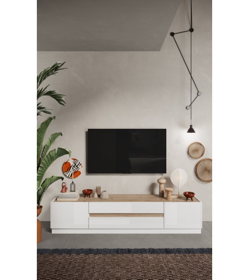 Meuble TV FANTASY Blanc laqué/chêne Cadiz 205 cm