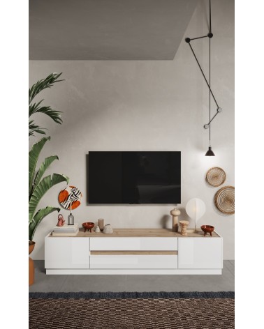 Meuble TV FANTASY Blanc laqué/chêne Cadiz 205 cm