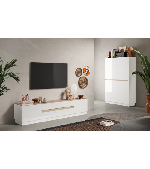 Meuble TV FANTASY Blanc laqué/chêne Cadiz 205 cm