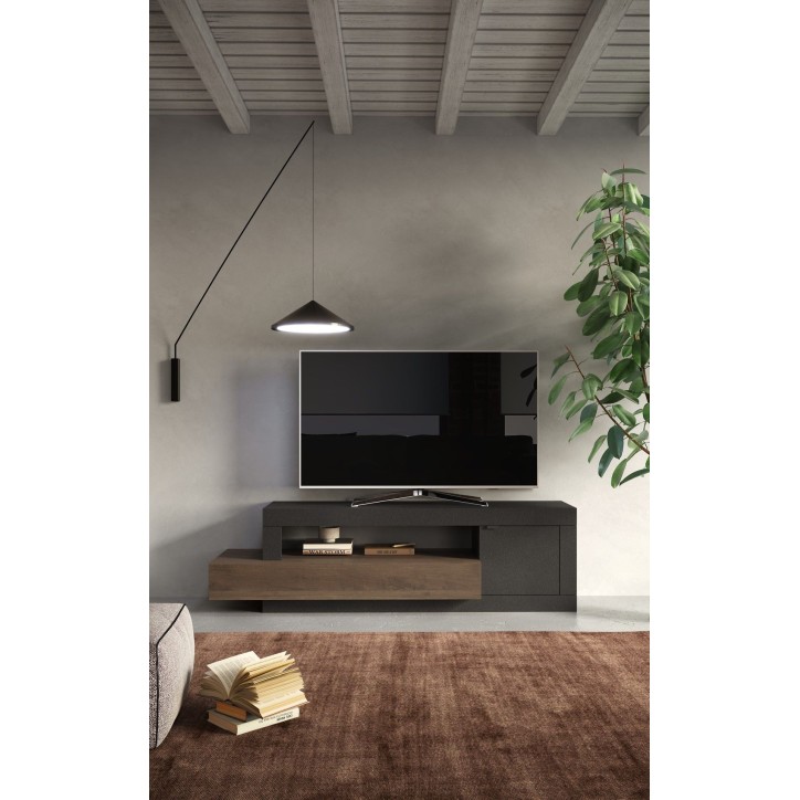 Meuble TV 1 porte + 1 tiroir FREEDOM Lave/chêne Mercure 160 cm